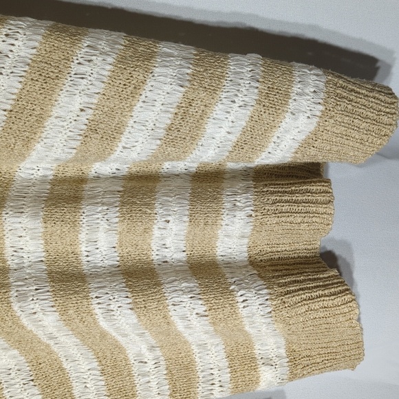 John & Jenn Anthropologie Beige Tan White Striped V-back ribbon knit sweater - Picture 3 of 6